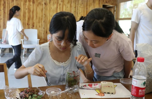 服务团成员引导小朋友亲手设计生态瓶布局。Beat365官方网站供图